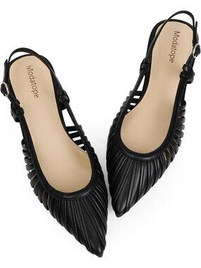 Women's Black Slingback Pointed Toe Ballet Flats Classic Low Heel Sandals Shoes